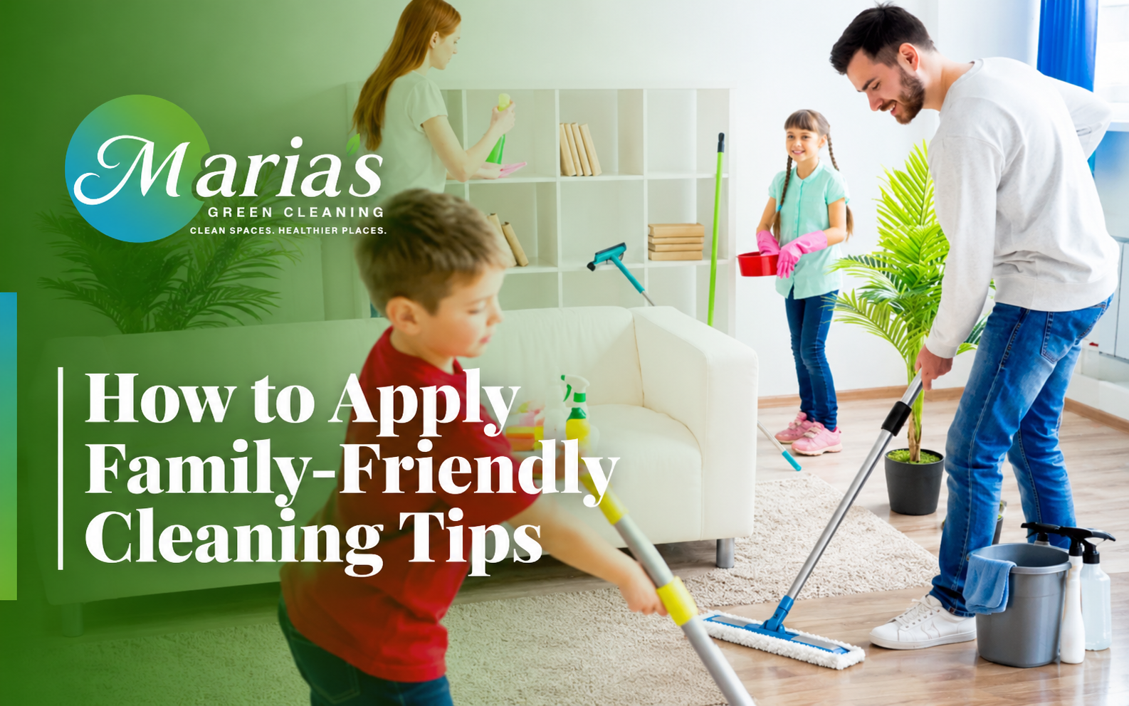 Child helping to clean the kitchen with family-friendly products