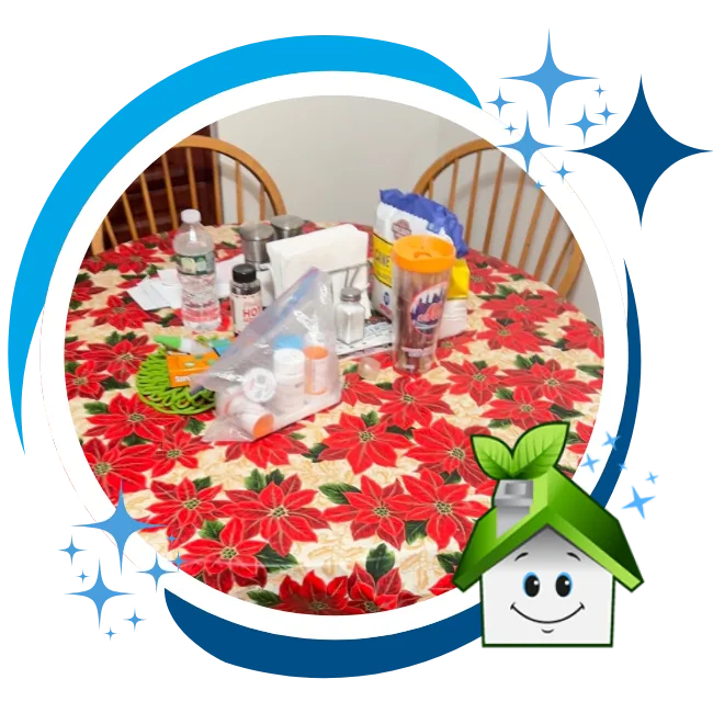 House cleaning in progress on a dining table with cleaning supplies, highlighting organized and eco-friendly cleaning practices