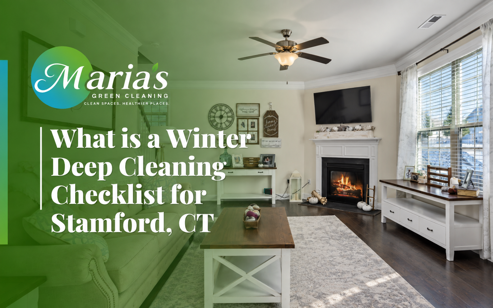 Living room in Stamford, CT after following a winter deep cleaning checklist with tidy shelves and vacuumed floors.
