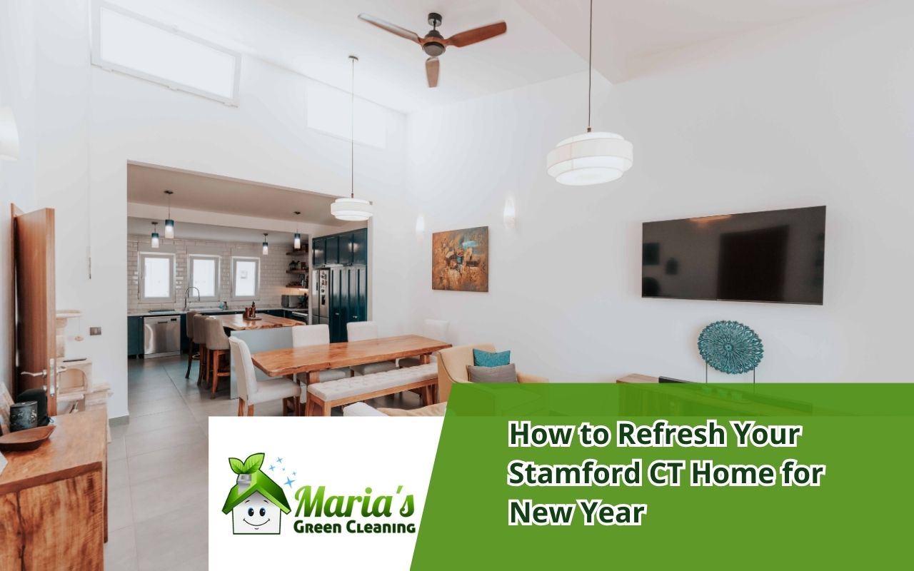 Cozy living room after a New Year home refresh in Stamford, CT with soft lighting and organized shelves.