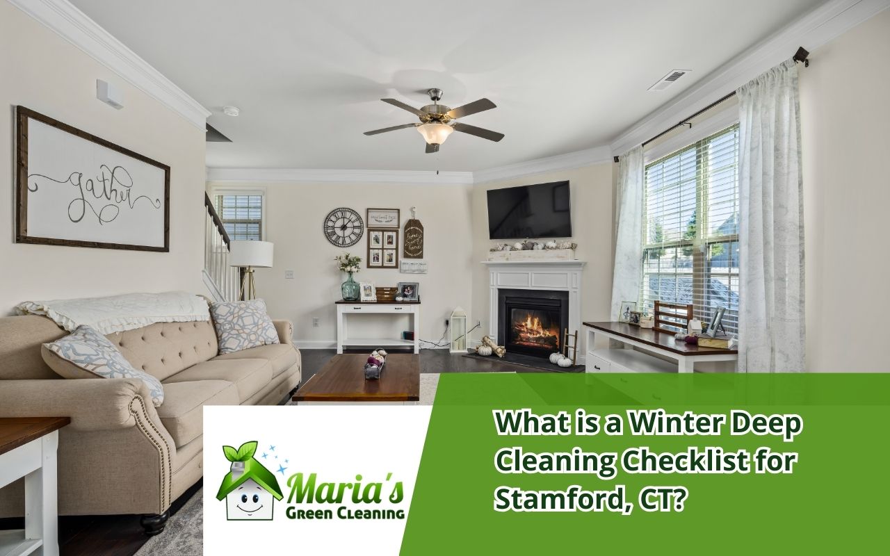 Living room in Stamford, CT after following a winter deep cleaning checklist with tidy shelves and vacuumed floors.