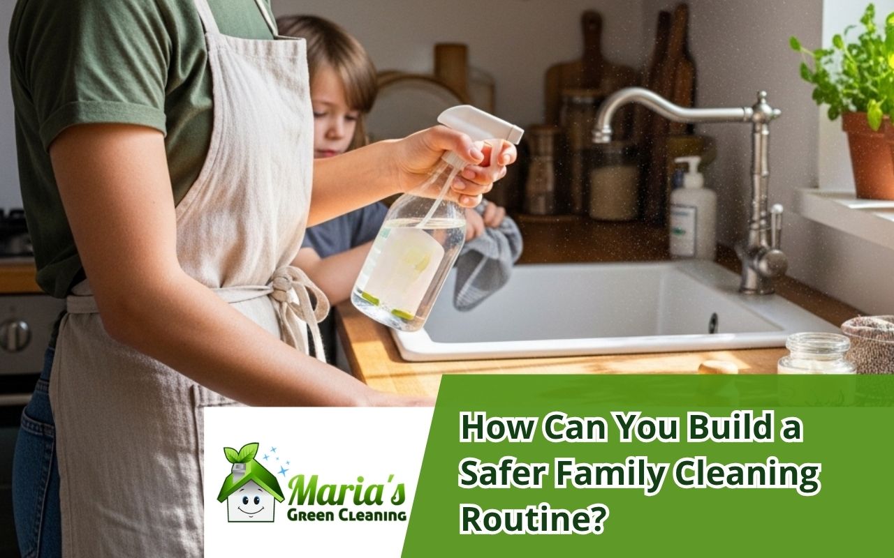 child helping with kid-safe cleaning practices during an eco cleaning routine for families