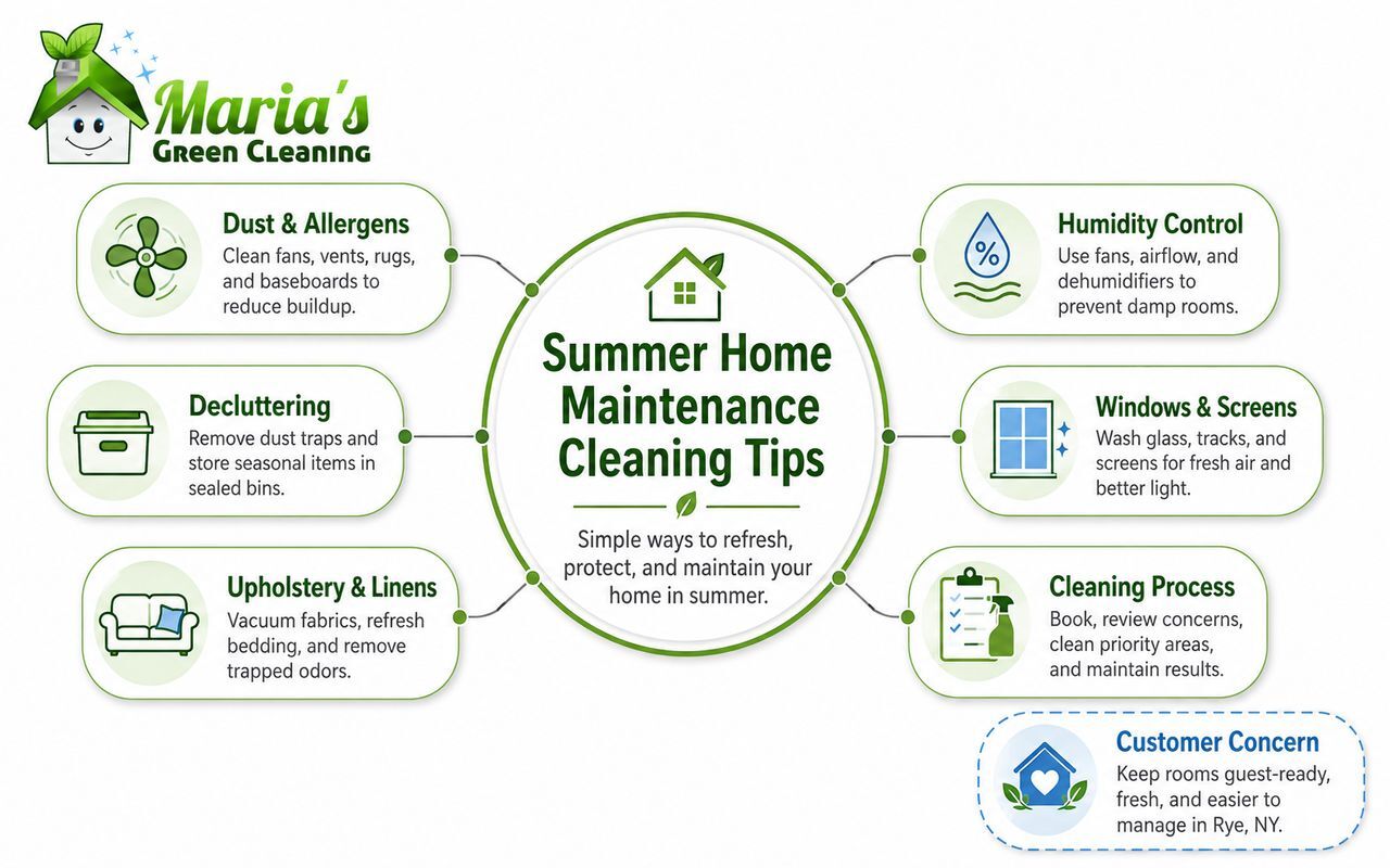 Knowledge map infographic showing summer home maintenance cleaning tips with dust control, humidity prevention, decluttering, windows, upholstery, and cleaning process nodes.