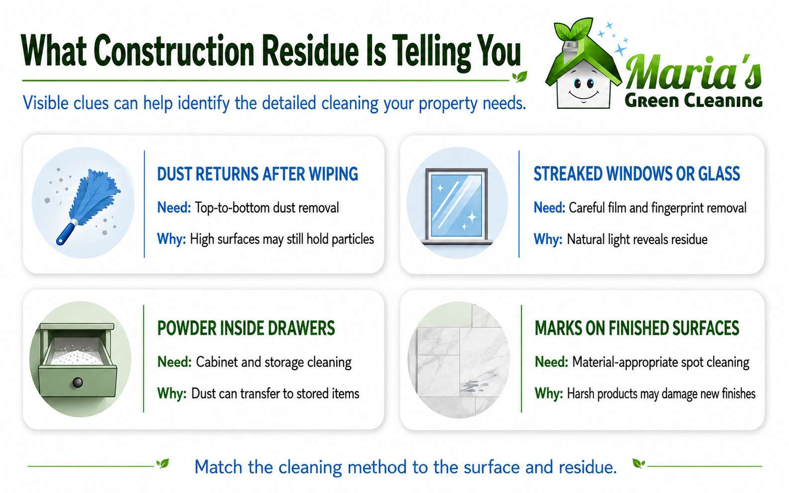 Guide matching common construction residue signs with suitable cleaning needs and methods.